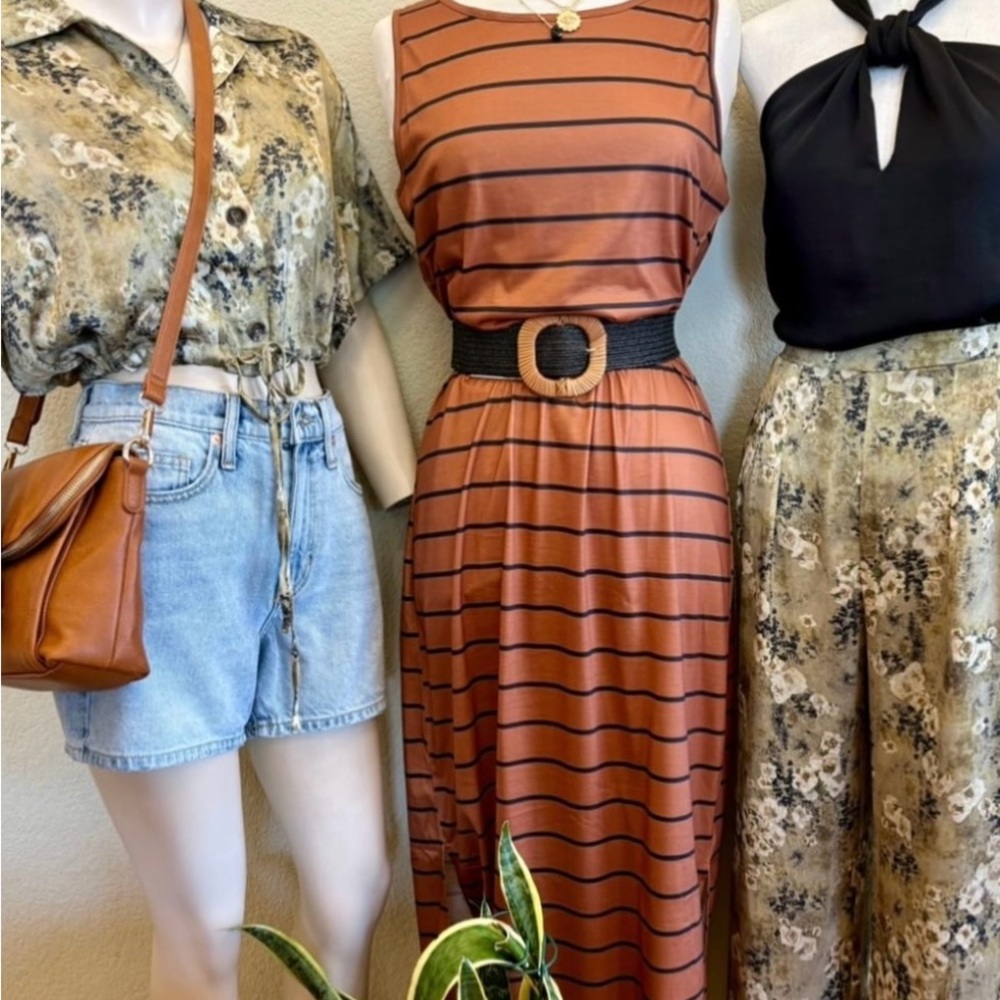 Striped Rust Maxi Dress with Belt